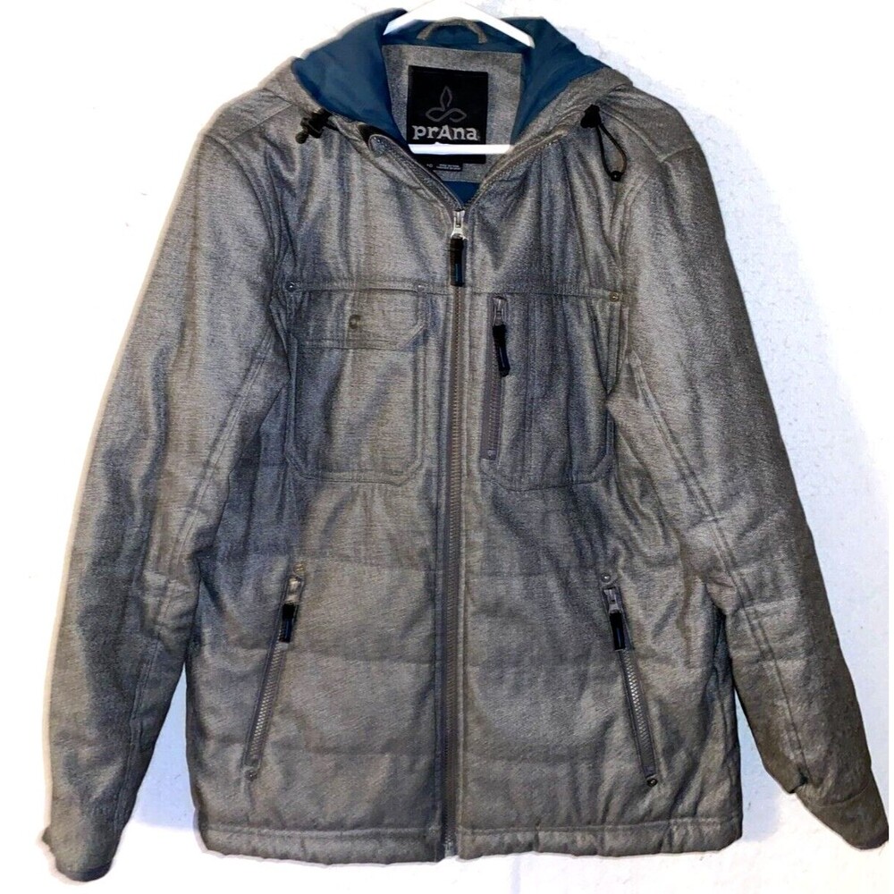 PRANA Mens Hooded Full Zip Jacket Sz M Gray Heavy Winter Front Pockets